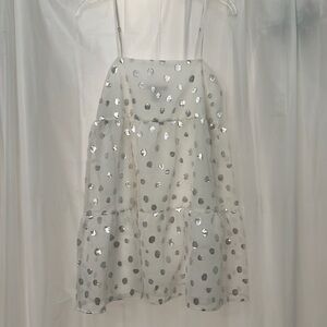 Sparkly, white and silver, flowy, spaghetti strap mini dress